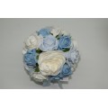 White Ceramic Milk Jug with White and Baby Blue floral arrangement of Peonies and Roses with Ribbon Bow
